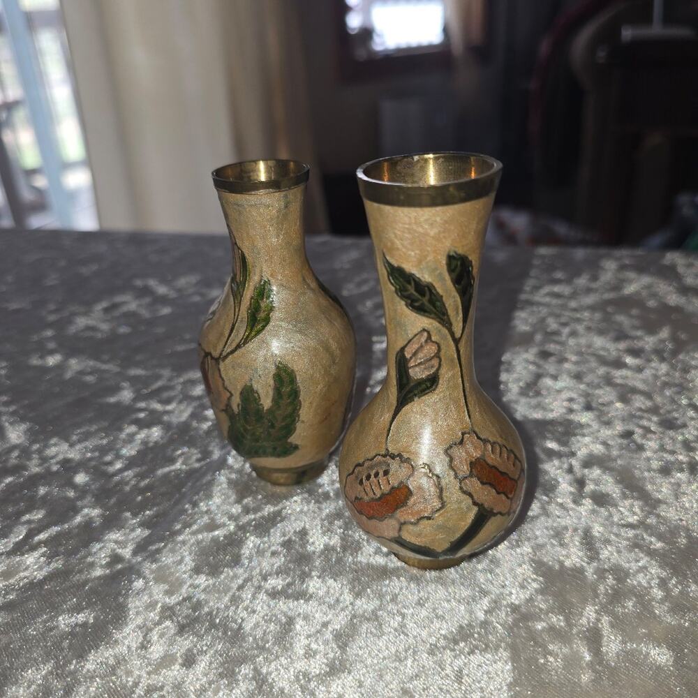 Set of 2 Vintage Brass and enamel Bud vases with floral designs